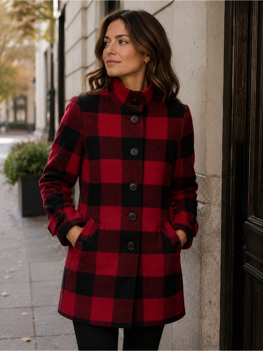 Jacob Red and Black Buffalo Plaid Pea Coat Size XS Wool Blend Cozy Fall Winter
